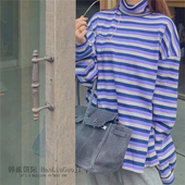 韩版 长袖 条纹T恤女bf宽松中长款 欧洲站秋冬季 百搭高领打底衫 上衣