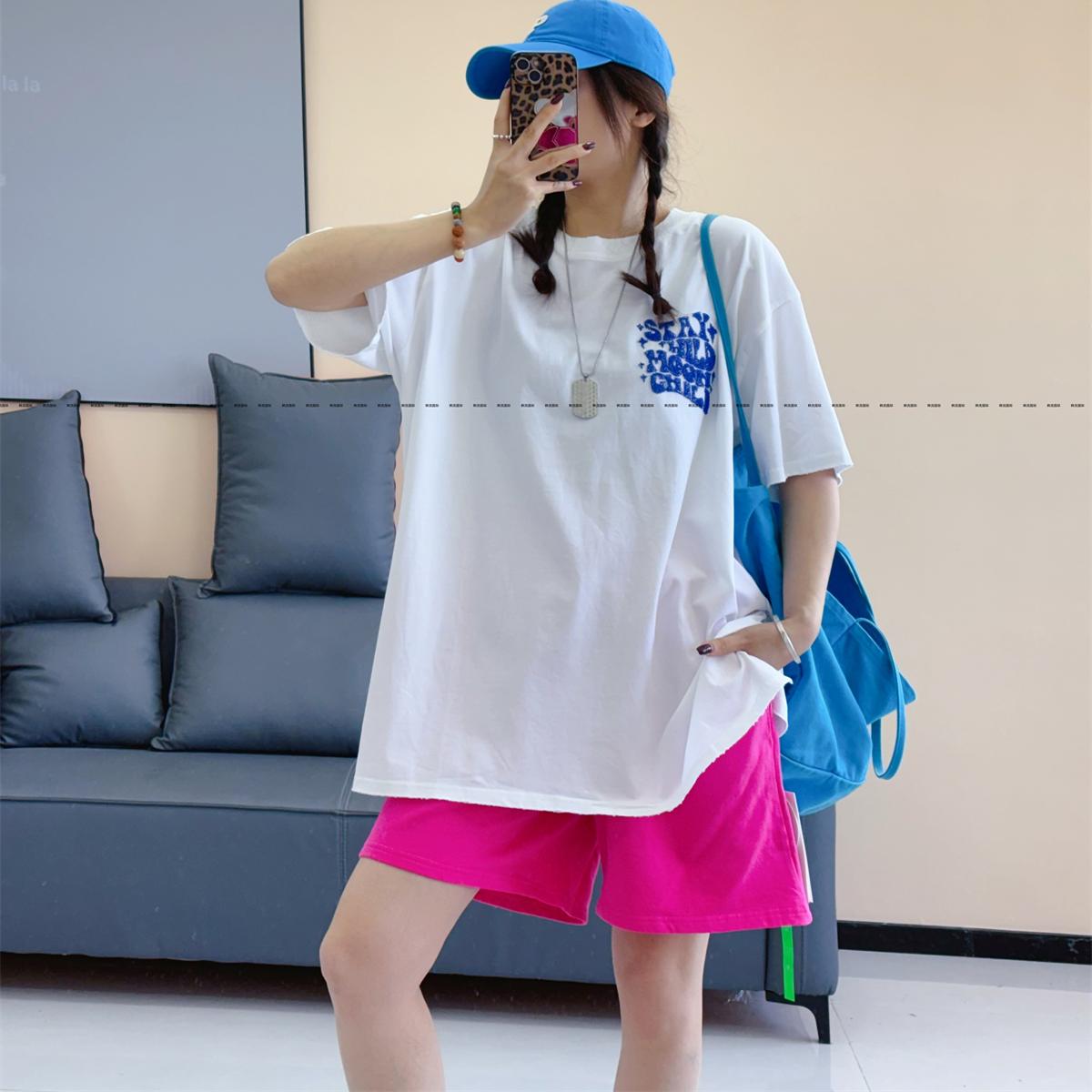 春夏亮片刺绣字母200斤显瘦遮肚短袖t恤裙女宽松中长款打底衫上衣