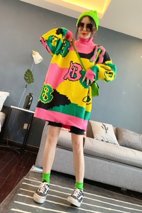 秋冬新款女装高领撞色提花毛衣女韩版宽松套头百搭加厚打底衫
