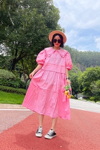 气质宽松显瘦长裙子 甜美风设计感泡泡袖 袖 娃娃领连衣裙女夏季 新款