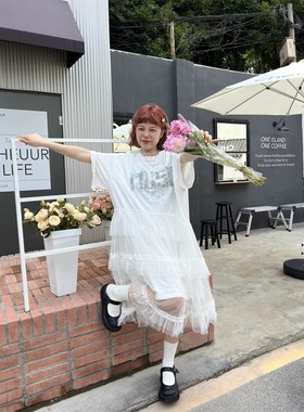 JL SUNFLOWER纯棉短袖t恤女夏季宽松显瘦白色蕾丝网纱亮片连衣裙