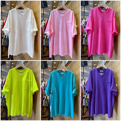 夏季口袋彩色纯色V领短袖T恤女
