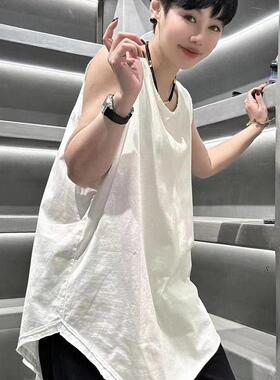 纯棉T百搭叠穿宽松时尚破洞白色背心女宽松显瘦无袖吊带打底衫潮