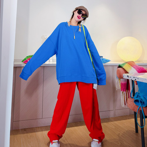 欧洲站纯色圆领卫衣女T大码上衣