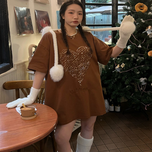 春季短袖T恤亮片刺绣纯棉打底衫