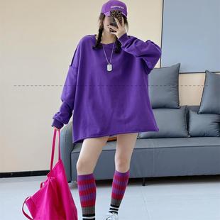 大码女装毛圈棉中长款圆领卫衣女2025年春季新款无帽百搭卷边上衣