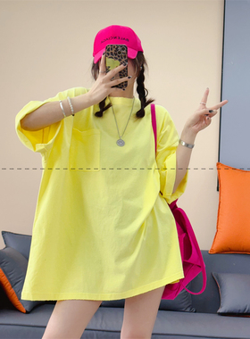 oversize纯棉t恤女宽松中长款简约口袋潮T新款bf风大码多巴胺短袖