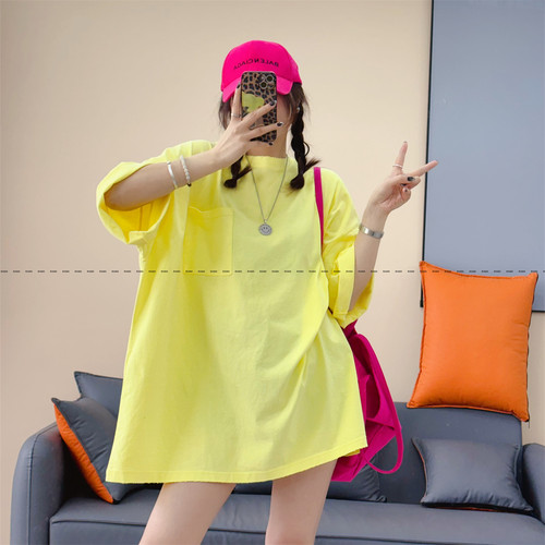 纯棉t恤女宽松中长款简约口袋潮T