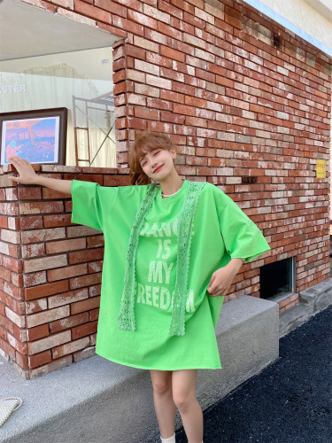春季宽松刺绣蕾丝披肩短袖t恤女