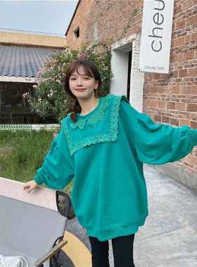 JL SUNFLOWER韩版大码女装秋冬宽松纯棉加厚卫衣显瘦百搭蕾丝上衣