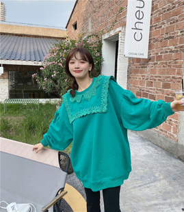 JL SUNFLOWER韩版大码女装秋冬宽松纯棉加厚卫衣显瘦百搭蕾丝上衣