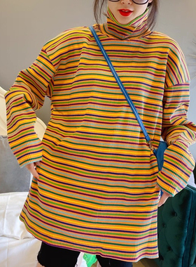 2025年秋冬季韩版高领条纹撞色t恤女中长款宽松bf风加厚打底衫ins