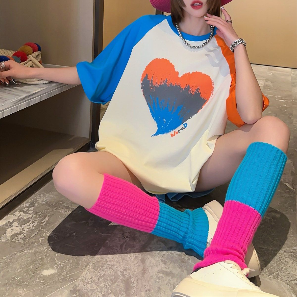 宽松夏季中长款百搭短袖上衣T大版撞色新款心形拼色插肩袖大码t恤,女装/女士精品,T恤,淘宝优惠券,粉丝福利购,淘宝优惠卷