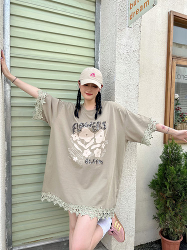 纯棉短袖t恤女蕾丝绿色亮片上衣