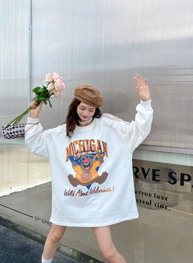 JL SUNFLOWER重工刺绣白色圆领卫衣女秋季宽松蕾丝网纱亮片上衣潮