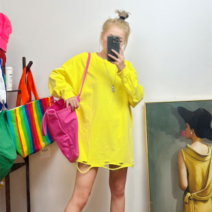 打底衫 破洞T恤宽松bf风秋冬新款 纯棉中长款 欧洲站磨毛卫衣女长袖