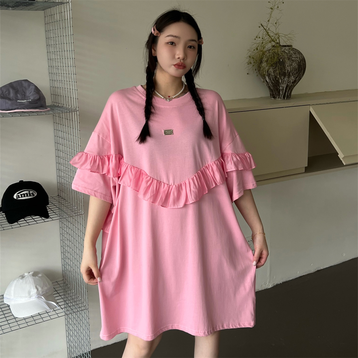 薄甜美棉女设计感短袖荷叶边