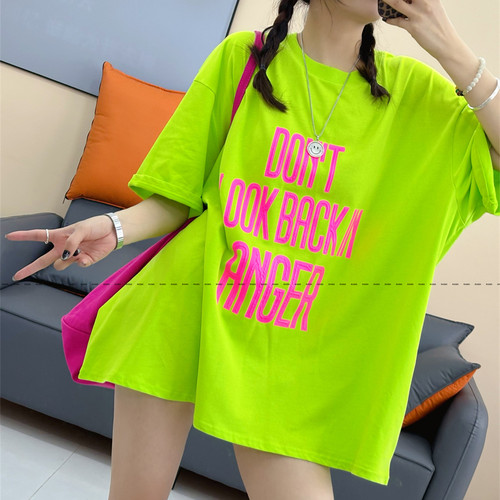 潮T中长款宽松字母印花短袖t恤女
