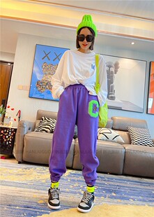 纯棉束脚休闲裤 潮牌刺绣白色加绒加厚卫裤 宽松运动长裤 大码 女冬季