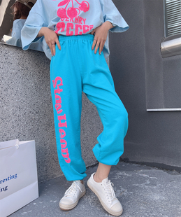 JL SUNFLOWER欧货宽松运动刺绣灰色卫裤女束脚春秋高腰显瘦长裤子