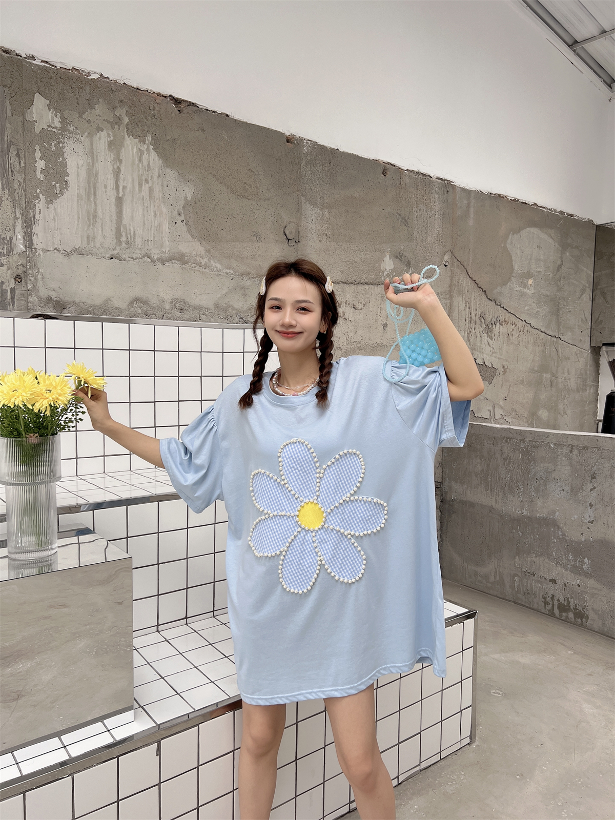 夏季大码宽松纯棉钉珠短袖t恤女