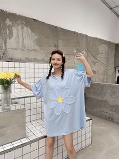 JL SUNFLOWER重工钉珠大码短袖t恤女夏季宽松设计感小众花朵上衣