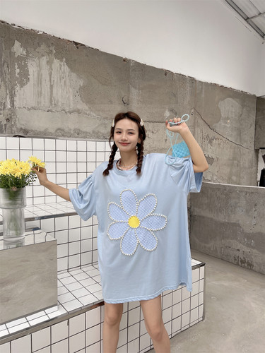 夏季大码宽松纯棉钉珠短袖t恤女