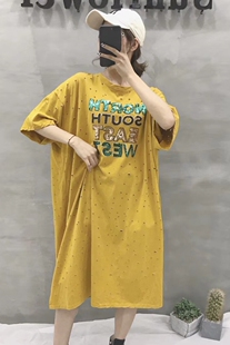 sunflower重工艺字母亮片中长款过膝韩范宽松bf风纯棉大版T恤裙女
