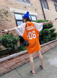 夏装新款宽松简约韩版撞色印花短袖T恤裙女中长款纯棉bf上衣