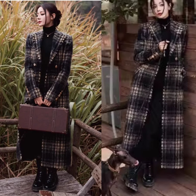 迪丽热巴同款秋冬复古优雅气质风中长款羊毛大衣街拍格纹毛呢大衣