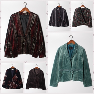 古着Vintage孤品日系金丝绒长袖 外套女春秋复古气质上衣20 衬衫
