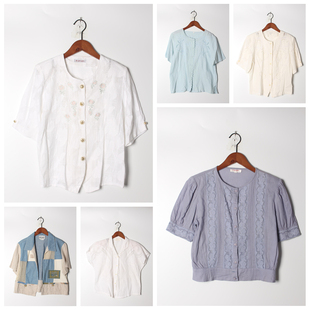 女上衣 实拍售卖141 孤品日系 古着Vintage孤品棉麻花刺绣白衬衫