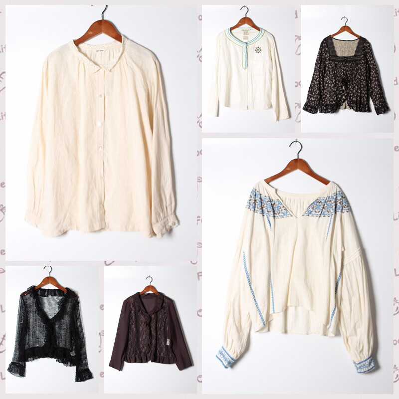 古着Vintage孤品棉麻花刺绣白衬衫孤品日系 女上衣 实拍售卖72