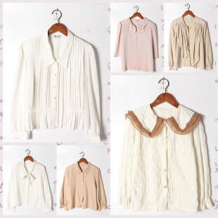 实拍售卖119 女上衣 古着Vintage孤品棉麻花刺绣白衬衫 孤品日系