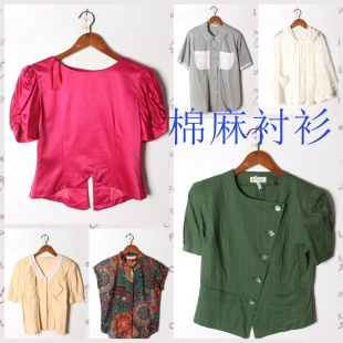 实拍售卖133 女上衣 古着Vintage孤品棉麻花刺绣白衬衫 孤品日系