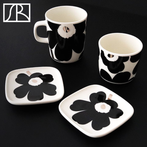 芬兰Marimekko 2023秋冬黑银Unikko罂粟花马克杯手握杯方盘子餐具