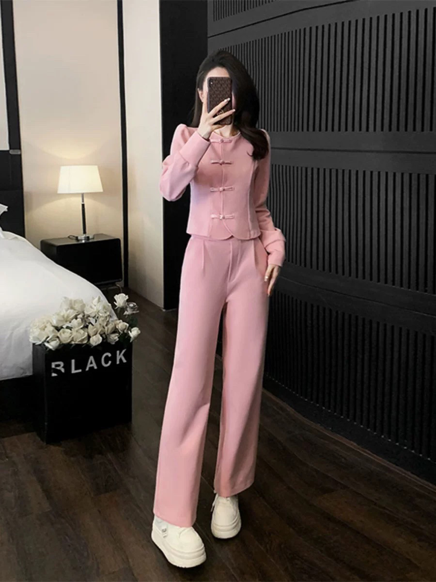 粉色减龄休闲时尚套装女秋季新中式国风盘扣卫衣阔腿裤气质两件套,女装/女士精品,时尚套装,淘宝优惠券,粉丝福利购,淘宝优惠卷
