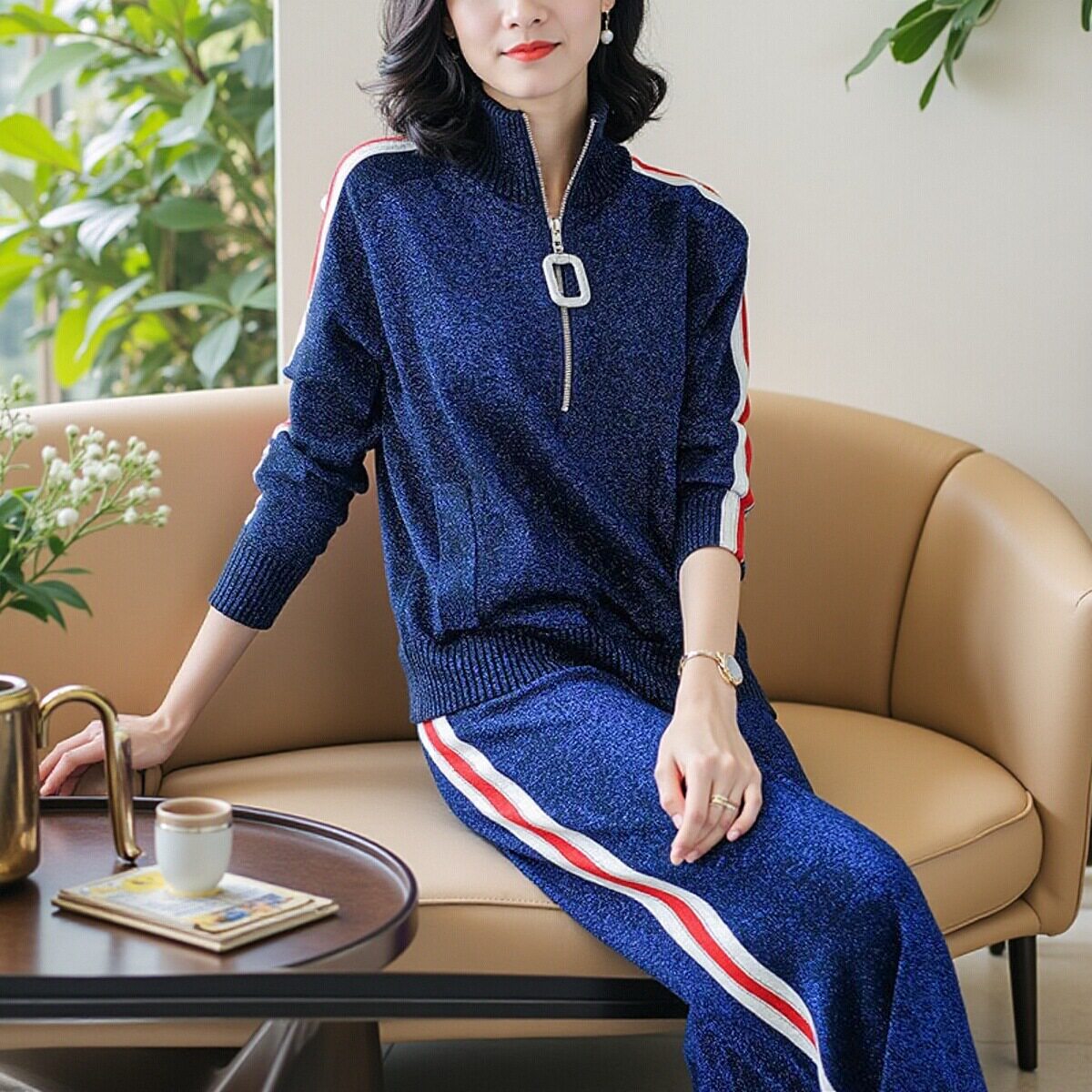 秋冬立领加绒加厚休闲运动套装