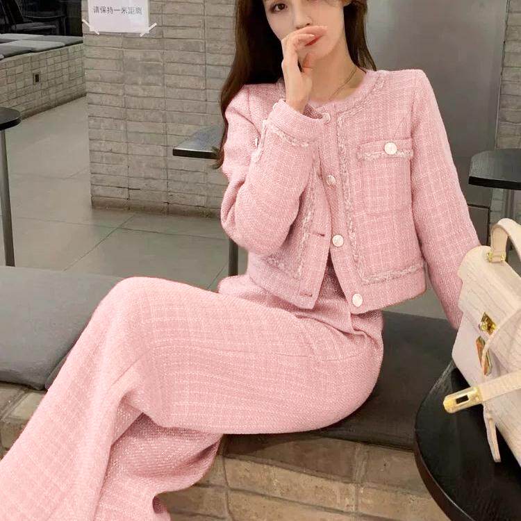 粉色小香风套装女秋冬2024新款显瘦减龄洋气休闲运动阔腿裤两件套,女装/女士精品,时尚套装,淘宝优惠券,粉丝福利购,淘宝优惠卷