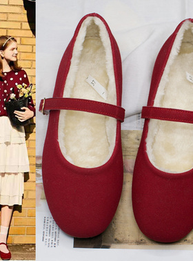 法式玛丽珍鞋女复古平底秋冬红色一字扣少女圆头绒面冬季加绒仙女