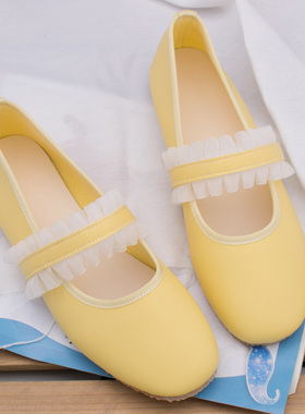 黄色玛丽珍鞋蕾丝温柔晚晚鞋仙女软底春季新品一字带柔软舒适平底