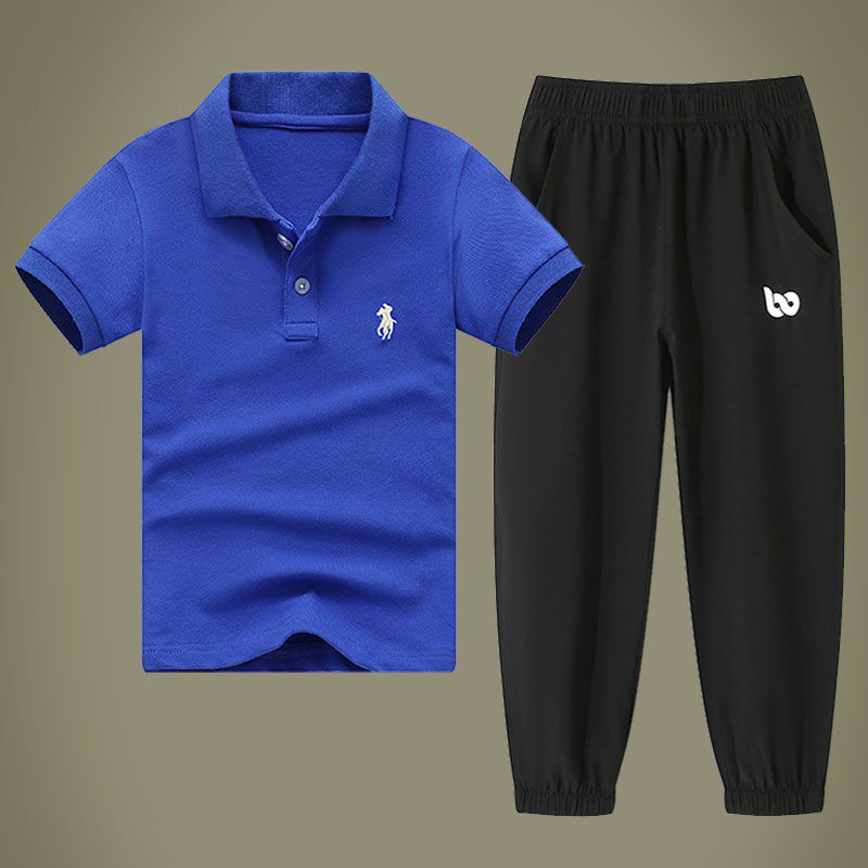 巴拉可儿纯棉短袖polo衫+速干长裤儿童套装夏季男童T恤女童两件套