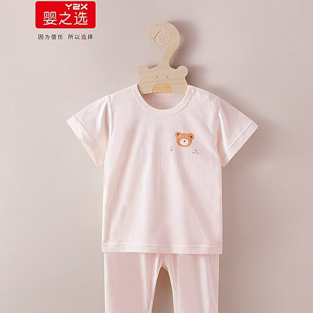 婴之选夏季单面纯棉短衫长裤肩开套家居服空调房打底睡衣