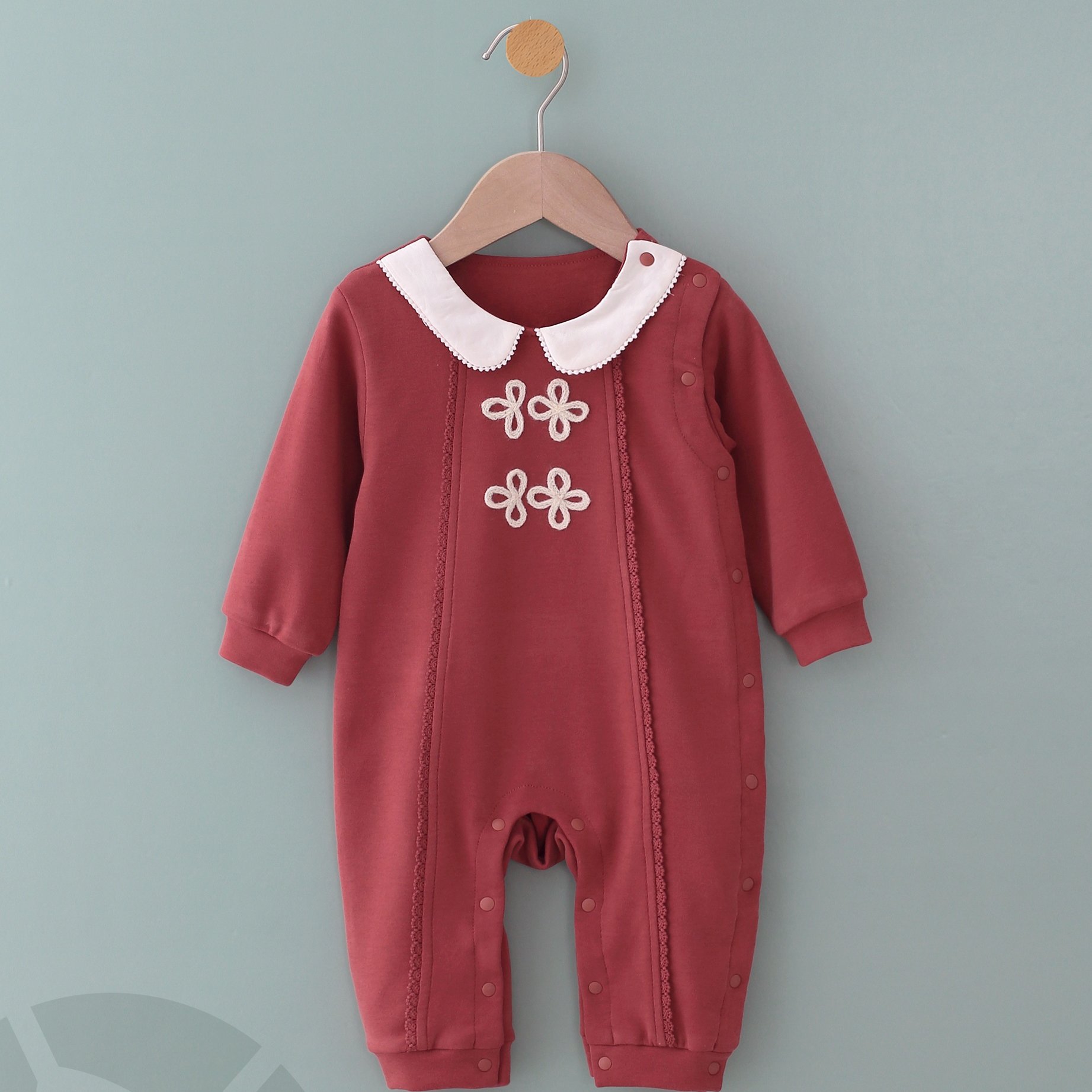 婴得利秋冬加厚夹棉连体哈衣百日宴周岁宴拜年大红爬服新年外出服