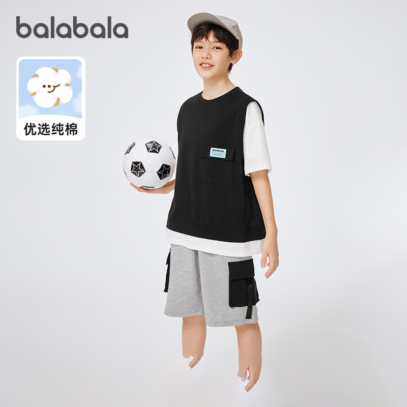 巴拉巴拉男童运动套装中大童假两件短袖儿童纯棉半袖夏装新款童装