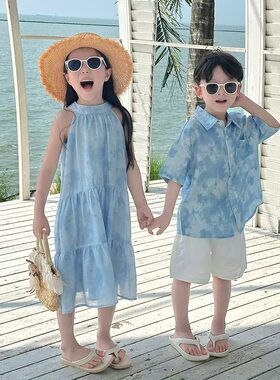 夏季兄妹装套装儿童姐弟装韩版时尚海边度假亲子装母女款连衣裙