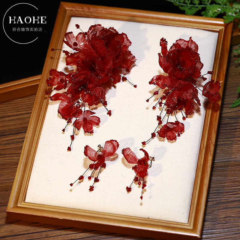 法式酒红色仿真玫瑰花对夹套装