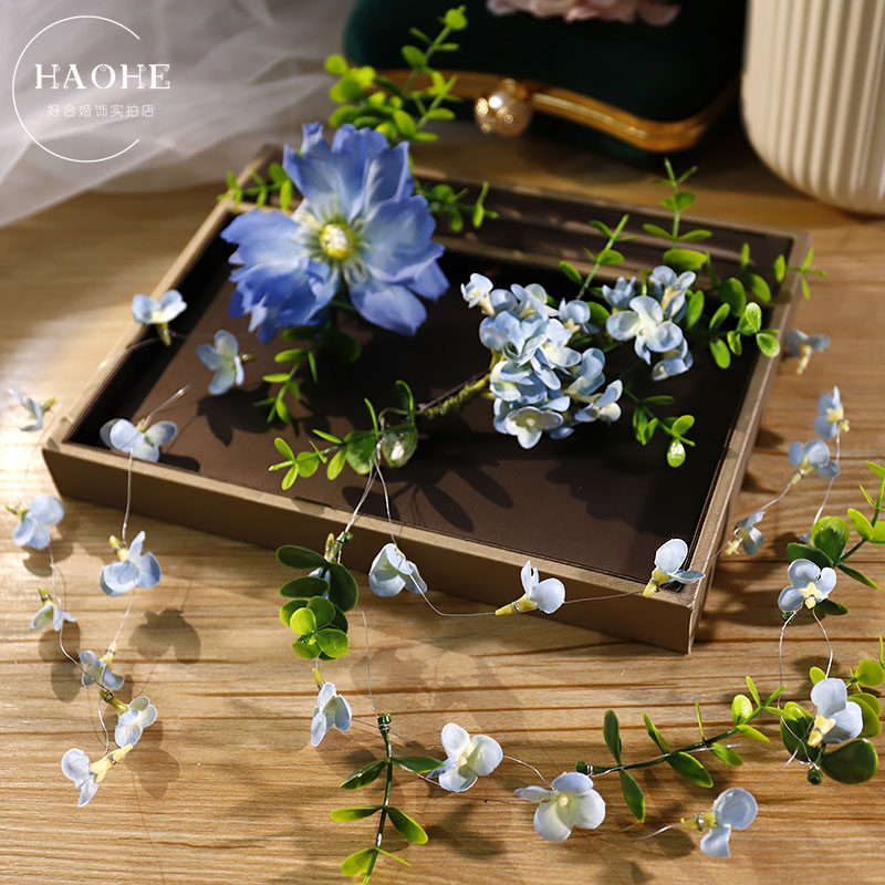 森系新娘头饰蓝色花朵发夹婚纱礼服旅拍摄影头花发饰仿真花边夹