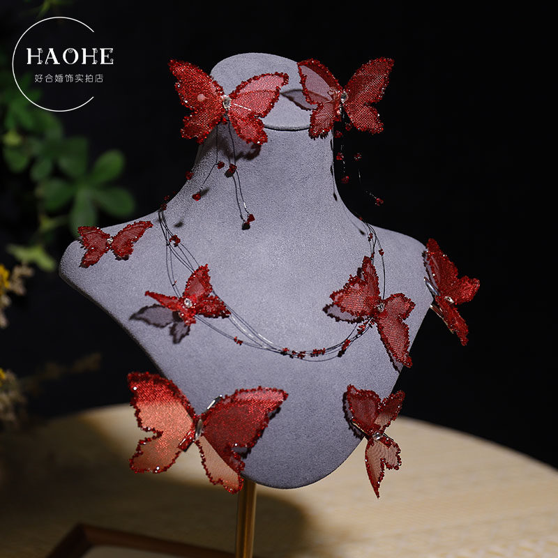 新娘头饰酒红色蝴蝶仙美发夹婚纱礼服造型写真样片派对甜酷风配饰