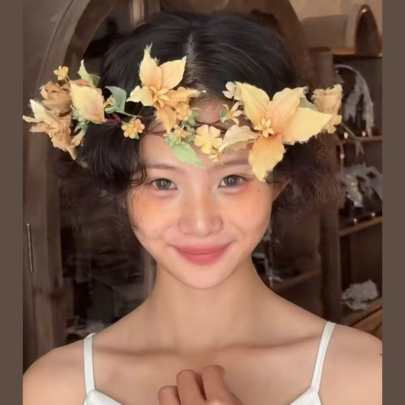 法式森系手工橘色渐变花环头饰